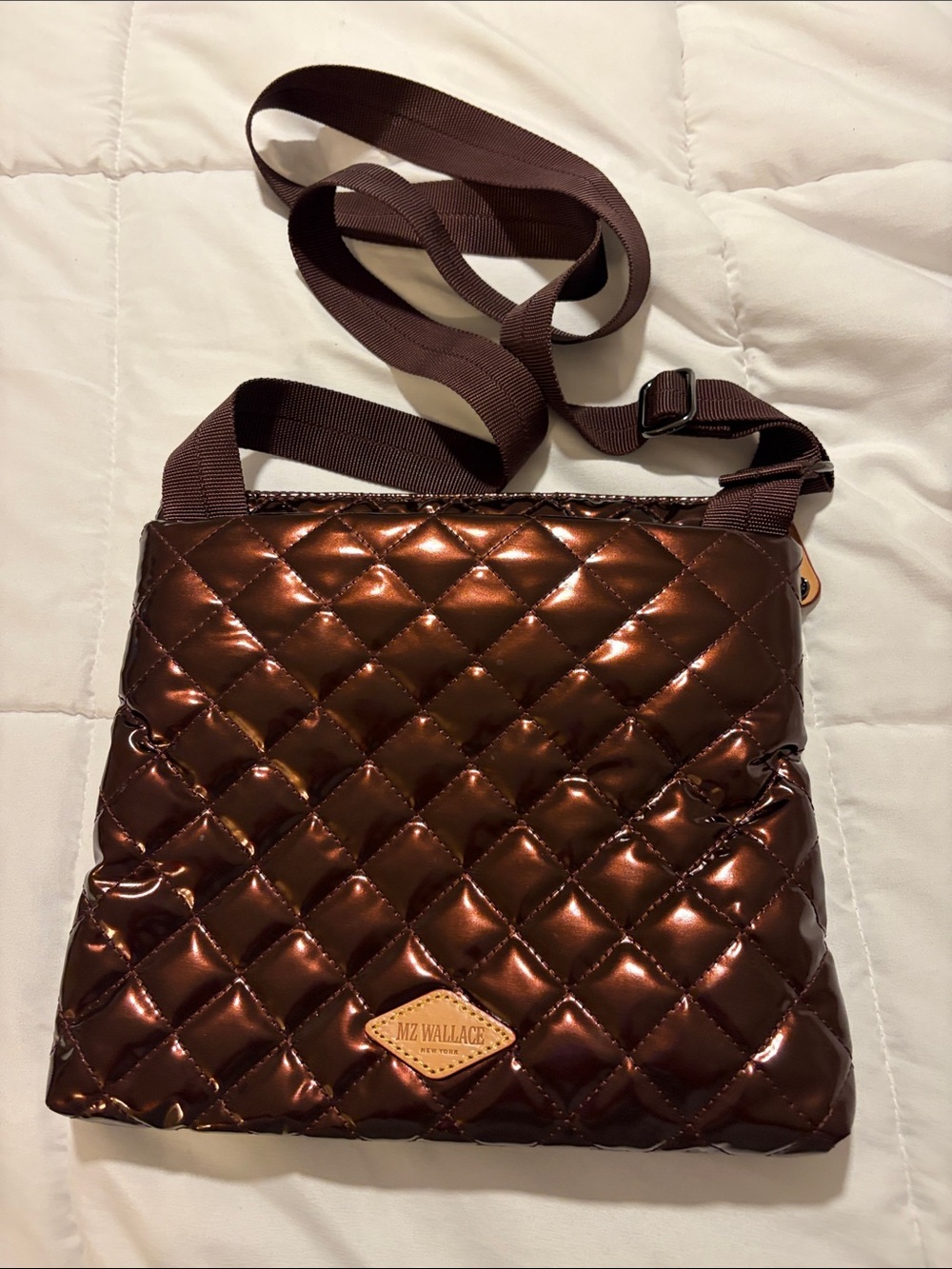 MZ Wallace Quilted Metallic Crossbody Bag in Bronze Brown